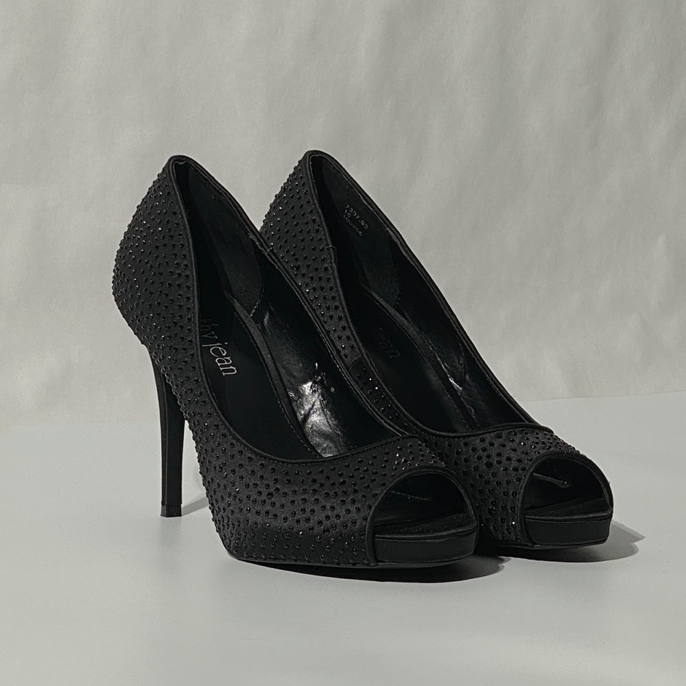 Cathy Jean - Black Rhinestone Peep toe Heels - Size 10